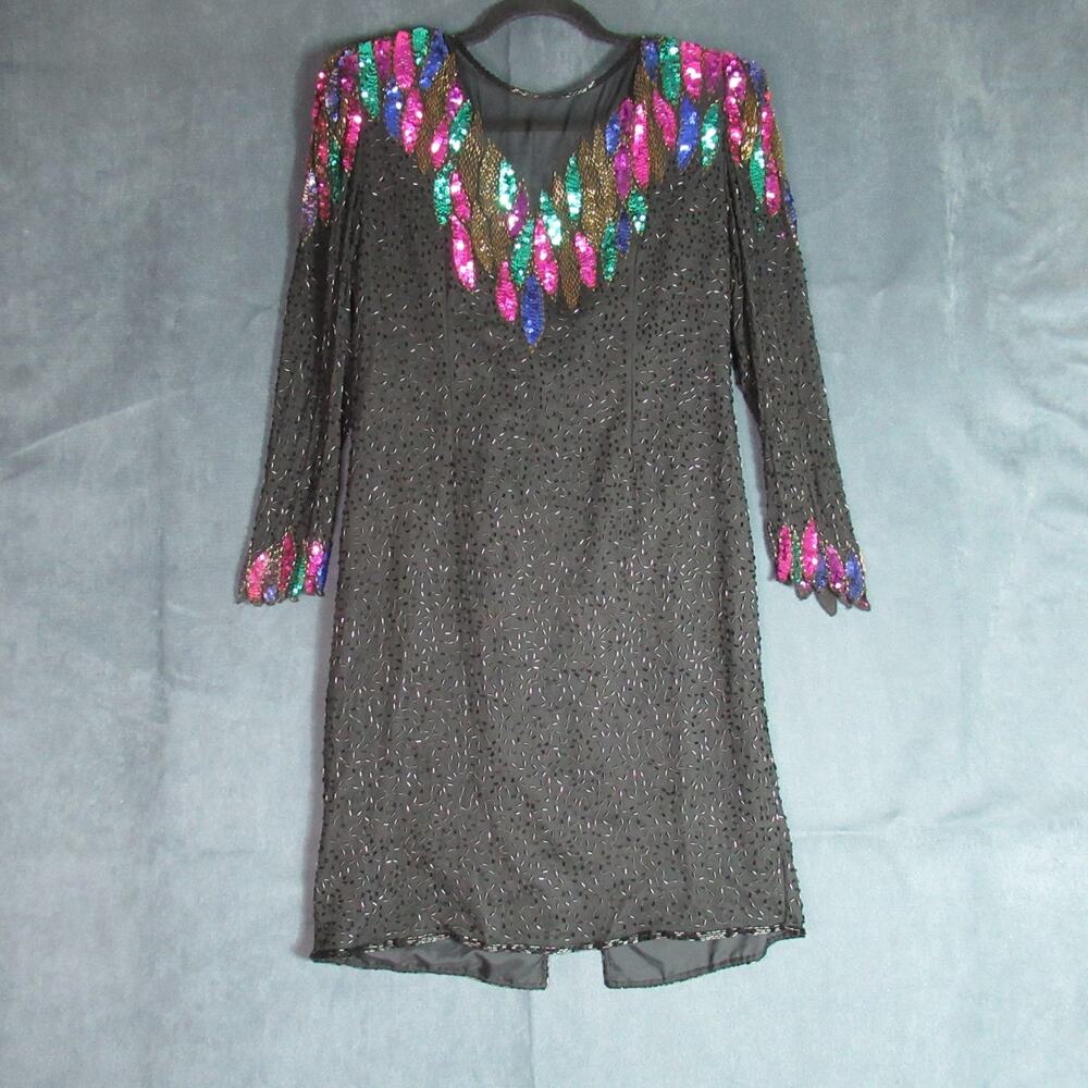 Vtg 90s Y2K Scala Dress Size PL 100% Silk Beaded Shift Dress Prom Formal Couture